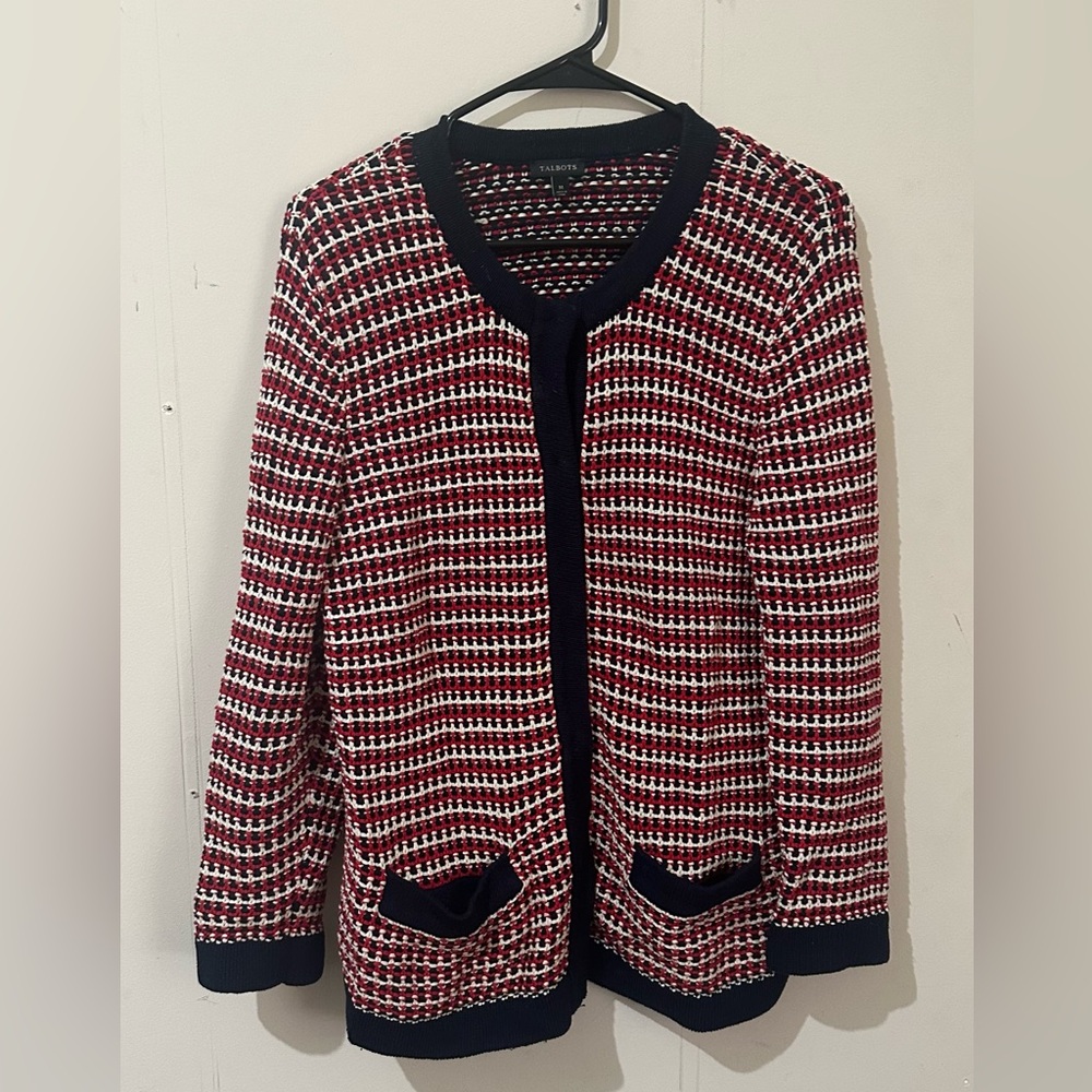 Talbots Medium Red White Navy Crochet Knot Button Up Cardigan